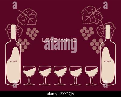 Romantisches Weinset mit Flaschen und Gläsern mit Trauben auf einem weinbezogenen Hintergrund Stock Vektor