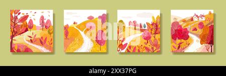 Pfade im Sommerpark. Handgezeichnet. Herbstbäume mit Laub. Felder auf den Hügeln, weiße Häuser mit einem gekachelten Dach. Drucken Sie auf Postkarten, Umschlägen oder Tapeten. Vektor Stock Vektor