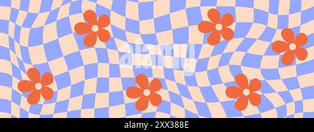 Psychedelischer Hintergrund mit verzerrtem Gittermuster und Gänseblümchen im trendigen Retro-Trippy-Stil. Y2K-Ästhetik. Vektorabbildung. Stock Vektor