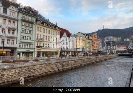 Evening view of the historical center in Karlovy Vary, Czechia. A spa city situated in western Bohemia historically famous for its hot springs. Stock Photo