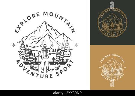 Adventure Sport Line Art Logo. Er zeigt einen Mann mit Rucksack und einen Berg im Hintergrund Stock Vektor