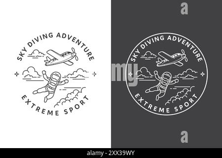 Sky Diving Line Art Logo. Ein Logo für einen Extremsport mit einem Mann in einem Raumanzug, der aus einem Flugzeug springt Stock Vektor