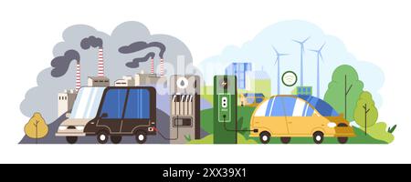 Elektroauto vs. Benzinauto. Umstellung auf grüne Energie. Fahrzeugladung an der EV-Ladestation im Vergleich zum Tanken von Benzin an der Tankstelle. Umweltverschmutzung Umwelt und Ökologie retten. Reduzieren Sie Emissionen. Stock Vektor