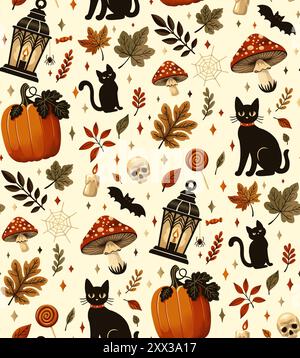 Ein nahtloses Muster mit schwarzen Katzen, lebhaften Kürbissen, skurrilen Pilzen, bunten Blättern und verspielten Fledermäusen Stockfoto