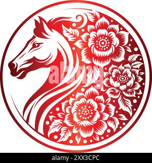 Jahr des Pferdes Tierkreiszeichen Rundzeichen oder Symbol. Hand gezeichnet von Pferd und Blumen Vektor Illustration. Übersetzung : Pferd Stock Vektor