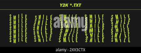 Sammlung psychedelische geschriebene Wörter - LÄCHELN. Psychedelische Retro-futuristische Satzworte. Surreale geometrische Formen auf Wörtern, abstraktes Cyberpunk-Drahtmodell. Stock Vektor