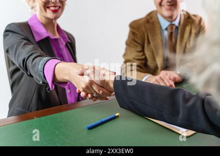 Nahaufnahme eines festen Handschlags zwischen Geschäftsleuten in einem Büroumfeld – erfolgreiche Verhandlungen, Vielfalt am Arbeitsplatz und generationenübergreifend Stockfoto