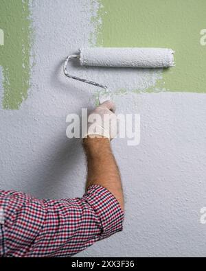 Die Hand eines Mannes malt eine grüne Wand im Zimmer mit einer Walze in weißer Farbe. Bauarbeiten und kosmetische Reparaturen im Haus, Wandmalerei, Tönung, Fini Stockfoto