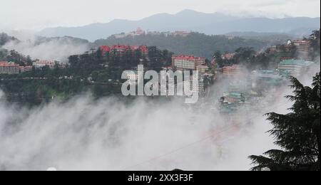 Niedrige Wolken bedeckten die Berge nach starken Regenfällen in Shimla. Foto von Pradeep Kumar Stockfoto