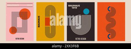 Satz abstrakter Poster mit Streifenbögen und geometrischen Formen. Vektor-Hintergrund im trendigen Bohemian-Stil Stock Vektor