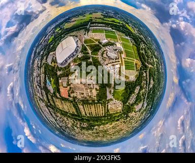 Luftbild, Berger Feld mit der Veltins-Arena, Bundesligastadion des FC Schalke 04 mit geschlossenem Dach, Trainingsplätze und Hotelanlage Stays by Friends, Erdkugel, Fisheye Aufnahme, Fischaugen Aufnahme, 360 Grad Aufnahme, winzige Welt, kleiner Planet, Fisheye Bild, Erle, Gelsenkirchen, Ruhrgebiet, Nordrhein-Westfalen, Deutschland ACHTUNGxMINDESTHONORARx60xEURO *** Luftaufnahme, Berger Feld mit Veltins Arena, Bundesliga-Stadion des FC Schalke 04 mit geschlossenem Dach, Trainingsgelände und Hotelkomplex Aufenthalte von Freunden, Globus, Fischaugenbild, 360 Grad-Bild, winzige Welt, kleiner Planet, Fischaugenbild Stockfoto