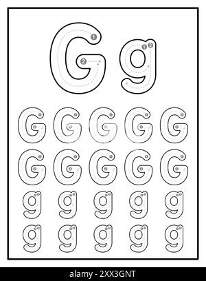 Arbeitsblätter zum Aufzeichnen von Alphabeten für Kinder mit Groß- und Kleinbuchstaben Übungsseiten mit Buchstabe G Stock Vektor