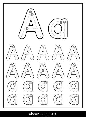 Arbeitsblätter für alphabetische Nachverfolgung für Kinder mit Groß- und Kleinbuchstaben Übungsseiten Buchstabe A Stock Vektor