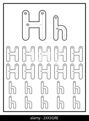 Arbeitsblätter für alphabetische Nachverfolgung für Kinder mit Groß- und Kleinbuchstaben Übungsseiten mit Buchstabe H Stock Vektor