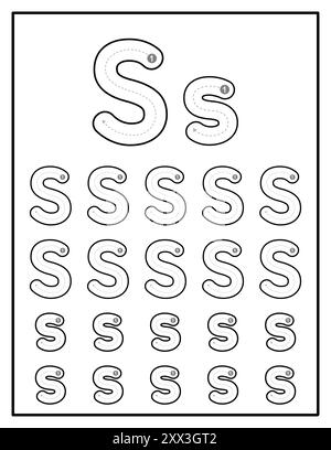 Arbeitsblätter für alphabetische Nachverfolgung für Kinder mit Groß- und Kleinbuchstaben Übungsseiten mit Buchstabe S Stock Vektor