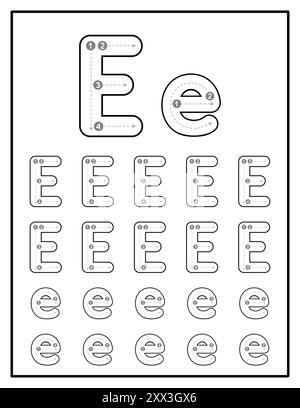 Arbeitsblätter für alphabetische Nachverfolgung für Kinder mit Groß- und Kleinbuchstaben Übungsseiten mit Buchstabe E Stock Vektor