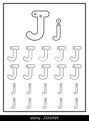 Arbeitsblätter für alphabetische Nachverfolgung für Kinder mit Groß- und Kleinbuchstaben Übungsseiten mit Buchstabe J Stock Vektor