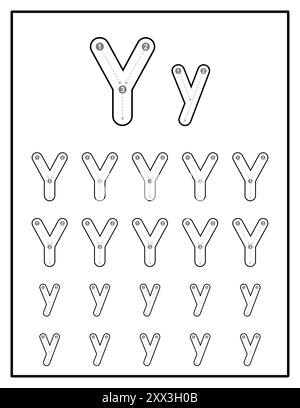 Arbeitsblätter für alphabetische Nachverfolgung für Kinder mit Groß- und Kleinbuchstaben Übungsseiten mit Buchstabe Y Stock Vektor