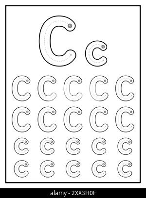 Arbeitsblätter für alphabetische Nachverfolgung für Kinder mit Groß- und Kleinbuchstaben Übungsseiten mit Buchstabe C Stock Vektor