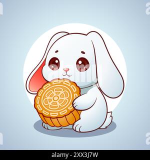 Niedliches Großes Ohren-Kaninchen, Das Chinesischen Mondkuchen Hält Stock Vektor