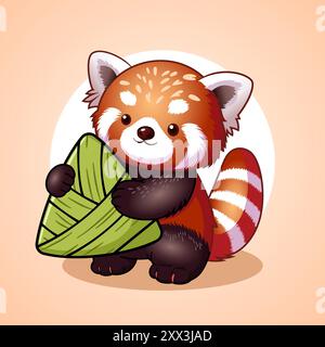 Niedlicher roter Panda hält Ein großes chinesisches Drachenboot-Festival mit Reisknödeln ab Stock Vektor