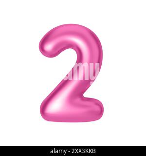 Rosa Metallic Nummer 2. Folien- und Latexballon Nummer zwei im 3D-Stil. Realistische Designelemente isoliert auf weißem Hintergrund. Vektorabbildung Stock Vektor