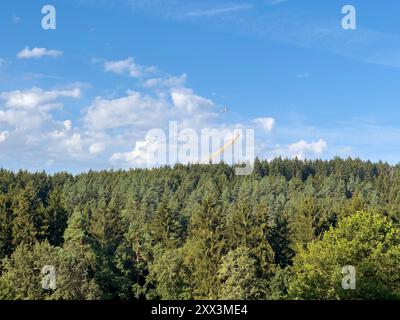 Waldkalkung mit einem Hubschrauber gegen Rindenkäfer und Schädlingsbekämpfung Stockfoto