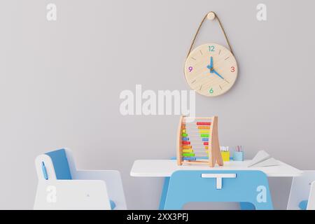 Heller und minimalistischer Kinderarbeitsbereich mit Kopierraum an der Wand. Mit stilvollem blauem Stuhl, weißem Tisch und einer hölzernen Wanduhr schaffen Sie einen Stockfoto