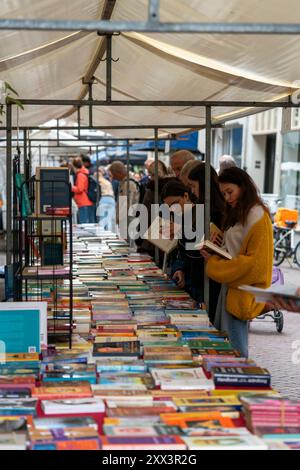 Dordrecht, Niederlande - 7. Juli 2024: Besucher entdecken auf dem jährlich stattfindenden Buchmarkt in Dordrecht, 350 Stände im gesamten Stadtzentrum Stockfoto