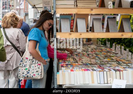 Dordrecht, Niederlande - 7. Juli 2024: Besucher entdecken auf dem jährlich stattfindenden Buchmarkt in Dordrecht, 350 Stände im gesamten Stadtzentrum Stockfoto