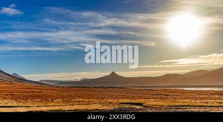 In der Ferne ist ein großer Gebirgszug mit einem klaren blauen Himmel zu sehen. Die Sonne scheint hell und schafft eine warme und einladende Atmosphäre. Stockfoto