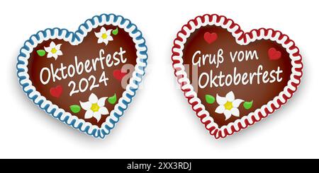 Illustrierte Lebkuchenherzen mit Text Oktoberfest 2024 und Grüße vom Oktoberfest, mit roten Herzen und deutschen Edelweissblüten Stock Vektor