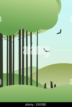 Waldlandschaft, grüne Bäume Park, Laub im Sommer. Reihe von Bäumen und Sträuchern. Falkenvögel am sonnigen Himmel Stock Vektor