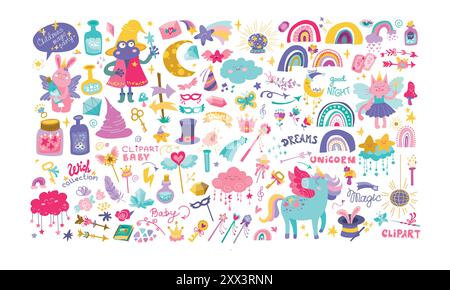 Magische Elemente für Kinder. Niedliches buntes großes Set mit Einhorn-, Regenbogen- und Märchentieren. Kindliche flache Vektor-Illustrationen Sammlung. Regnerischer Clo Stock Vektor
