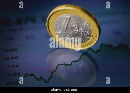 Berlin, Deutschland. August 2024. Eine 1-Euro-Münze taucht zum DAX-Preis auf. Berlin, 22. August 2024. Quelle: dpa/Alamy Live News Stockfoto