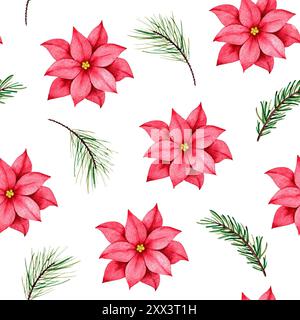 Nahtloses Weihnachtsmuster mit Weihnachtsstern. Aquarell handgemalter botanischer Hintergrund. Winterblume. Stockfoto