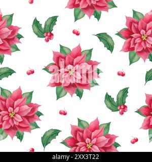 Blumenweihnachtliches nahtloses Muster mit handgezeichnetem Aquarell Winterblumen rot Weihnachtsstern, stechpalme und Beeren. Stockfoto