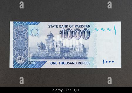 1000 Pakistanische Rupien Blaue Farbe Banknote Feathering Islamia College Peshawar Portrait Stockfoto