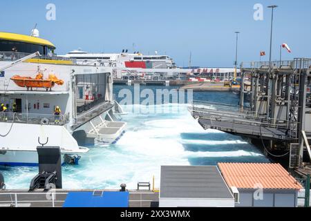 Die Fred Olsen Banaderos Express Passagierfähre, die im kontrollierten langsamen Rückwärtsgang manövriert, als sie versucht, in den Hafen von Santa Cruz auf Teneriffa anzudocken. Stockfoto