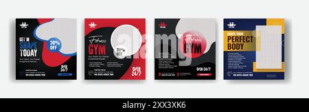 Set aus Posts in sozialen Medien für Fitnessstudio und Fitness-Workout Stock Vektor