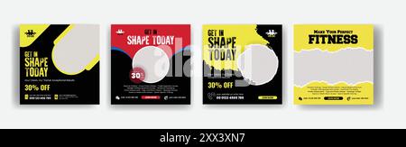 Set aus Posts in sozialen Medien für Fitnessstudio und Fitness-Workout Stock Vektor