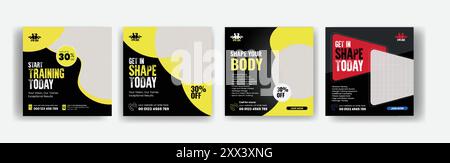 Set aus Posts in sozialen Medien für Fitnessstudio und Fitness-Workout Stock Vektor