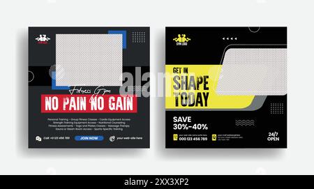 Set aus Posts in sozialen Medien für Fitnessstudio und Fitness-Workout Stock Vektor