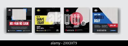 Set aus Posts in sozialen Medien für Fitnessstudio und Fitness-Workout Stock Vektor