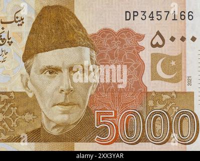 Porträt von Quaid-e-Azam Muhammad Ali Jinnah aus Pakistan 5000-Rupien-Banknote Stockfoto