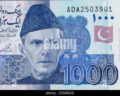 Porträt von Quaid-e-Azam Muhammad Ali Jinnah aus Pakistan 1000-Rupien-Banknote Stockfoto