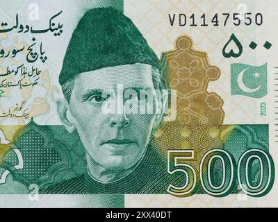 Porträt von Quaid-e-Azam Muhammad Ali Jinnah aus Pakistan 500-Rupien-Banknote Stockfoto