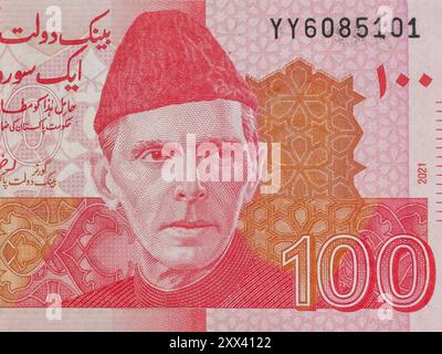 Porträt von Quaid-e-Azam Muhammad Ali Jinnah aus Pakistan 100-Rupien-Banknote Stockfoto