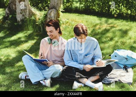 Zwei junge queere Freunde sitzen zusammen in einem Park und schreiben in Notizbüchern. Stockfoto