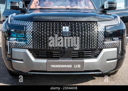 British Motor Show 2024, in Farnborough, Hampshire, England, Vereinigtes Königreich vom 15. bis 18. August 2024. Tag 2 der jährlichen Veranstaltung im Farnborough International Exhibition Centre. Vorderansicht eines BYD Yangwang U8 Luxus-SUV Stockfoto